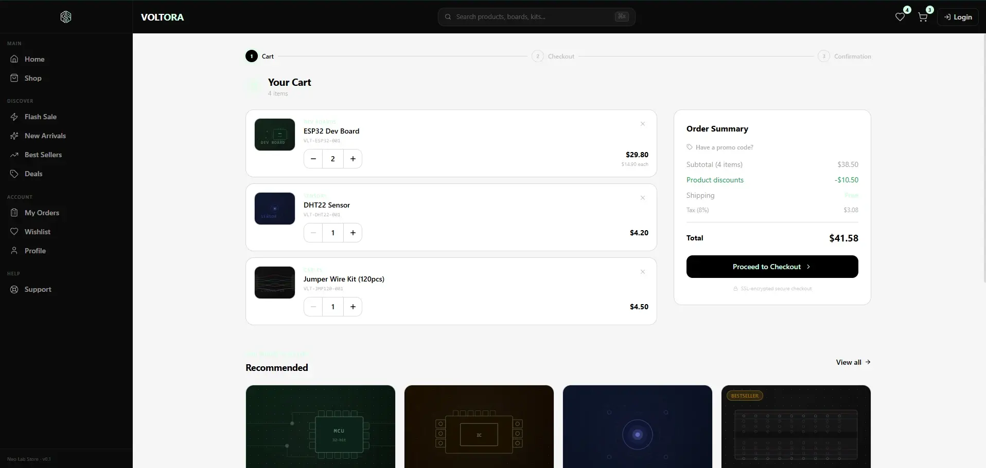 The Voltora cart page: a three-stage indicator for cart, checkout and confirmation, product rows with SKUs and quantity controls, and an order summary separating subtotal, discounts, shipping and tax.