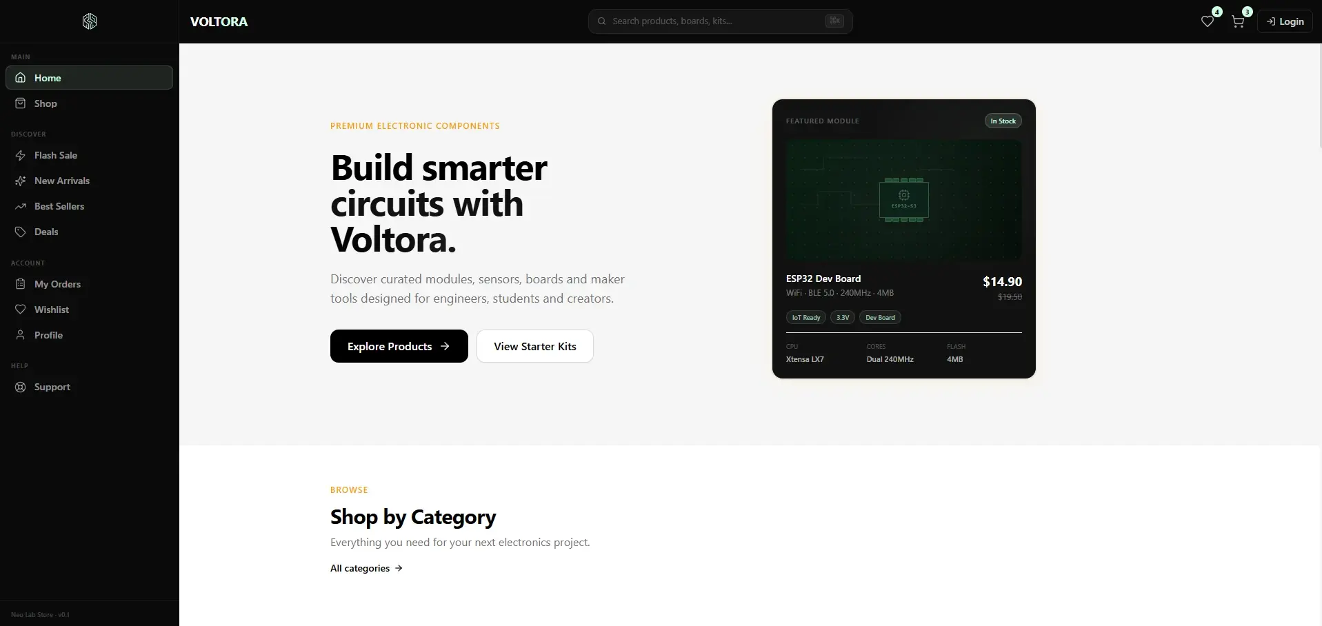 The Voltora home page: expanded category navigation on the left, a product hero area, and a featured development board module with its technical specifications.