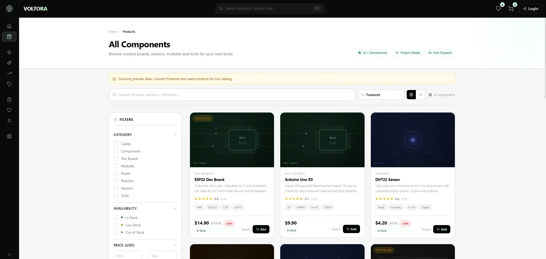 The Voltora listing page: collapsed icon navigation, a preview-data notice, category, availability and price filters, and product cards carrying ratings, technical tags and prices.