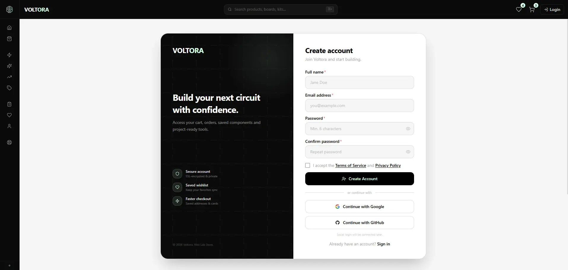 The Voltora registration screen: full name, email, a minimum six-character password and confirmation fields, terms acceptance, and a create-account action.