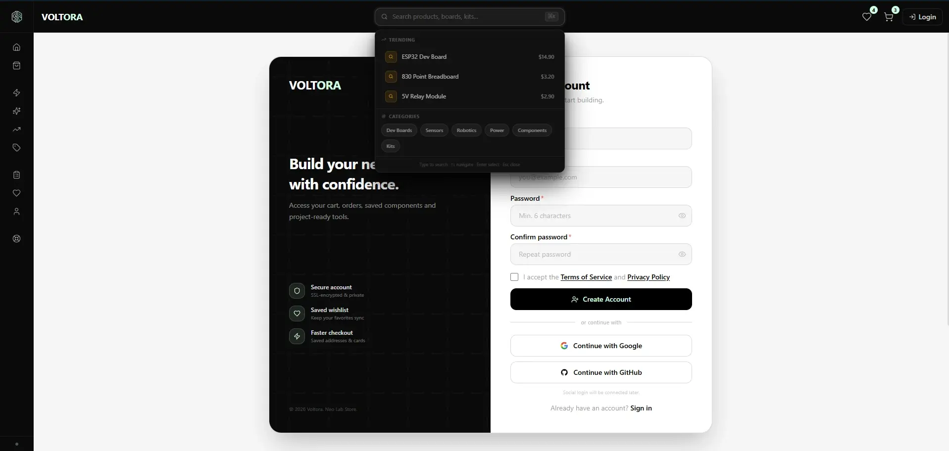 The Voltora search command palette: trending products with prices, category shortcuts, and a line at the foot describing arrow-key, Enter and Esc use.