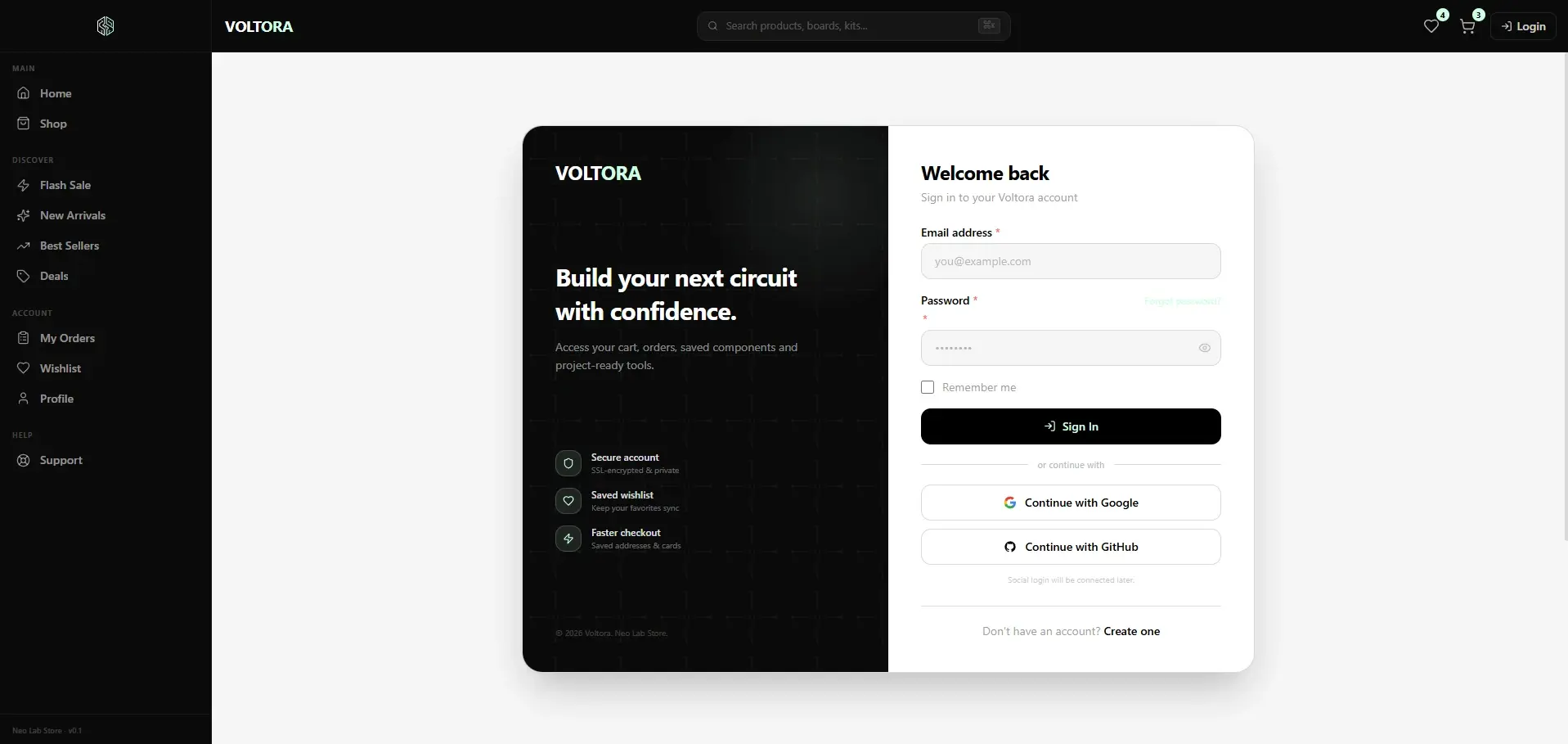 The Voltora sign-in screen: a dark narrative panel on the left, and on the right the email, password and remember-me fields above Google and GitHub buttons with a note that social login will be connected later.