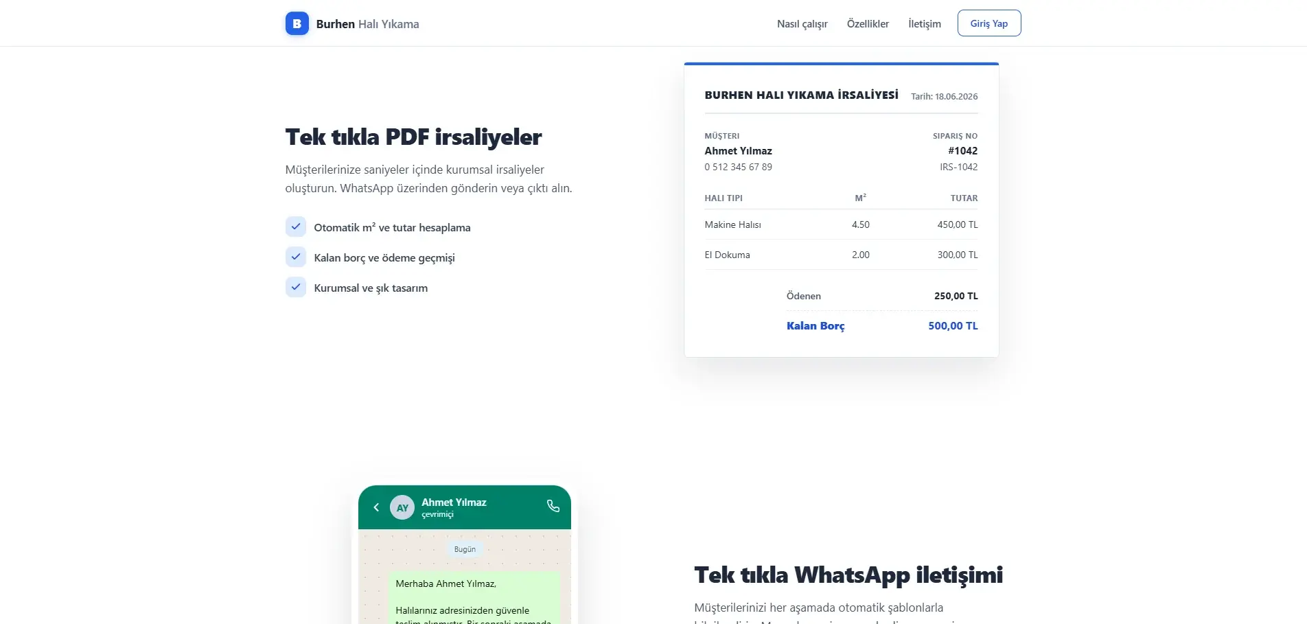 Burhen tanıtım sayfasının PDF irsaliye bölümü: solda otomatik m² hesaplama, kalan borç ve ödeme geçmişi maddeleri; sağda müşteri ve sipariş numarası başlığı, halı tipi, m² ve tutar sütunları ile ödenen ve kalan borç satırlarını taşıyan irsaliye önizlemesi.