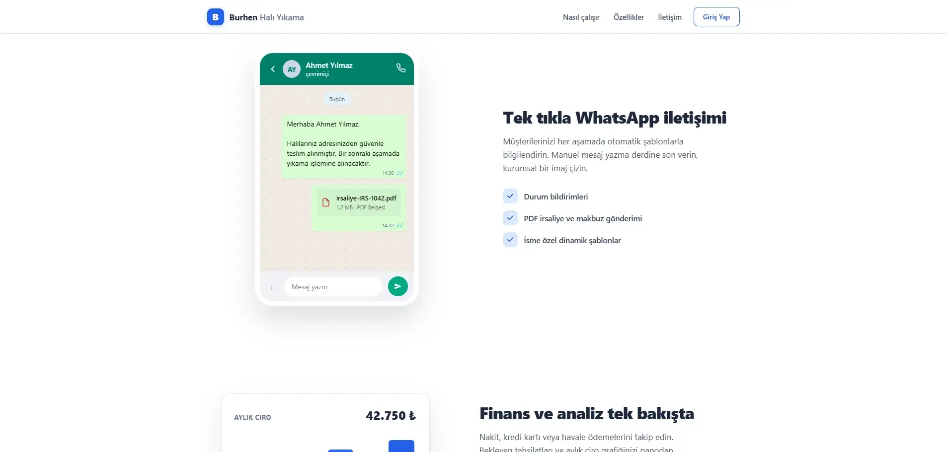 Burhen tanıtım sayfasının iletişim bölümü: solda sipariş teslim alındı bildirimi ve irsaliye PDF’ini gösteren telefon boyutunda sohbet görseli; sağda durum bildirimleri, PDF gönderimi ve isme özel şablonları listeleyen açıklama.