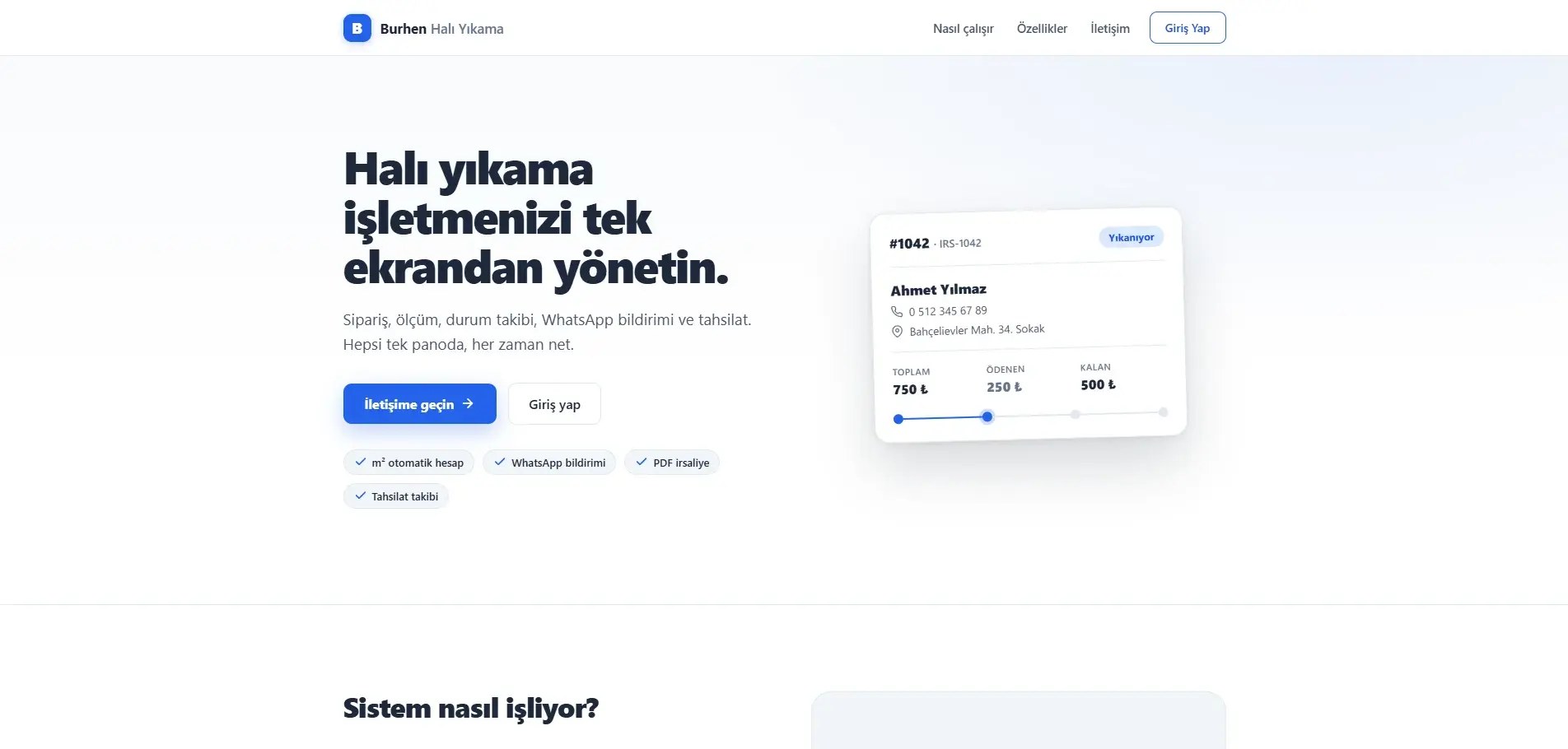 Burhen tanıtım sayfasının üst bölümü: işletmenin tek ekrandan yönetileceğini anlatan başlık, iletişim ve giriş düğmeleri, m² otomatik hesap, WhatsApp bildirimi, PDF irsaliye ve tahsilat takibi etiketleri; sağda durum rozeti, müşteri bilgileri, toplam, ödenen ve kalan tutarlar ile aşama göstergesi taşıyan sipariş kartı.