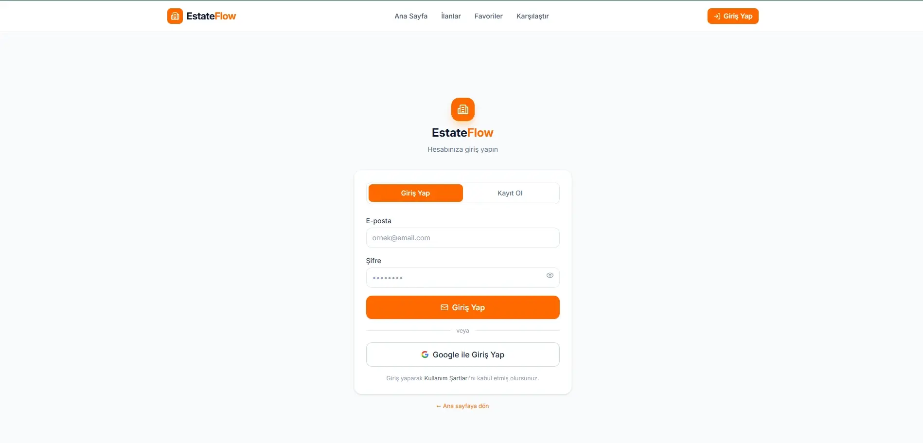 The EstateFlow sign-in screen: sign-in and register tabs, email and password fields, and a sign-in-with-Google option.