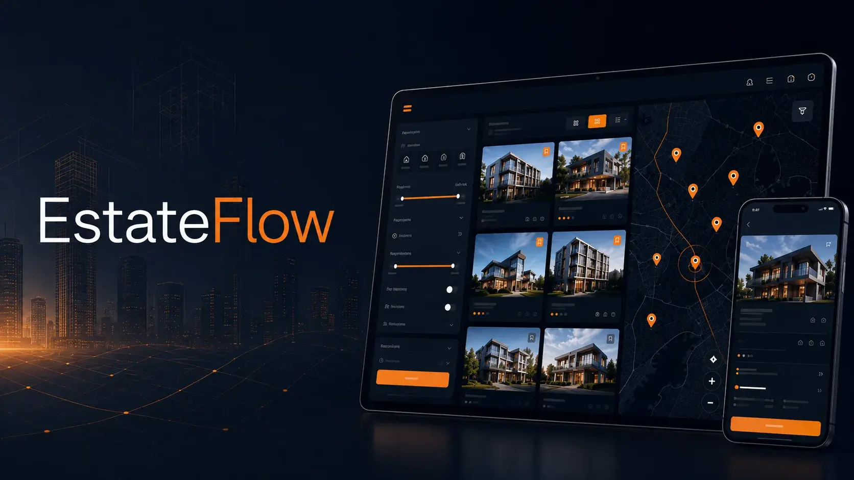 The EstateFlow cover: the EstateFlow wordmark over a city skyline on the left; on the right a laptop showing the filter panel, listing cards and a map view with location pins, beside a phone showing a property detail.