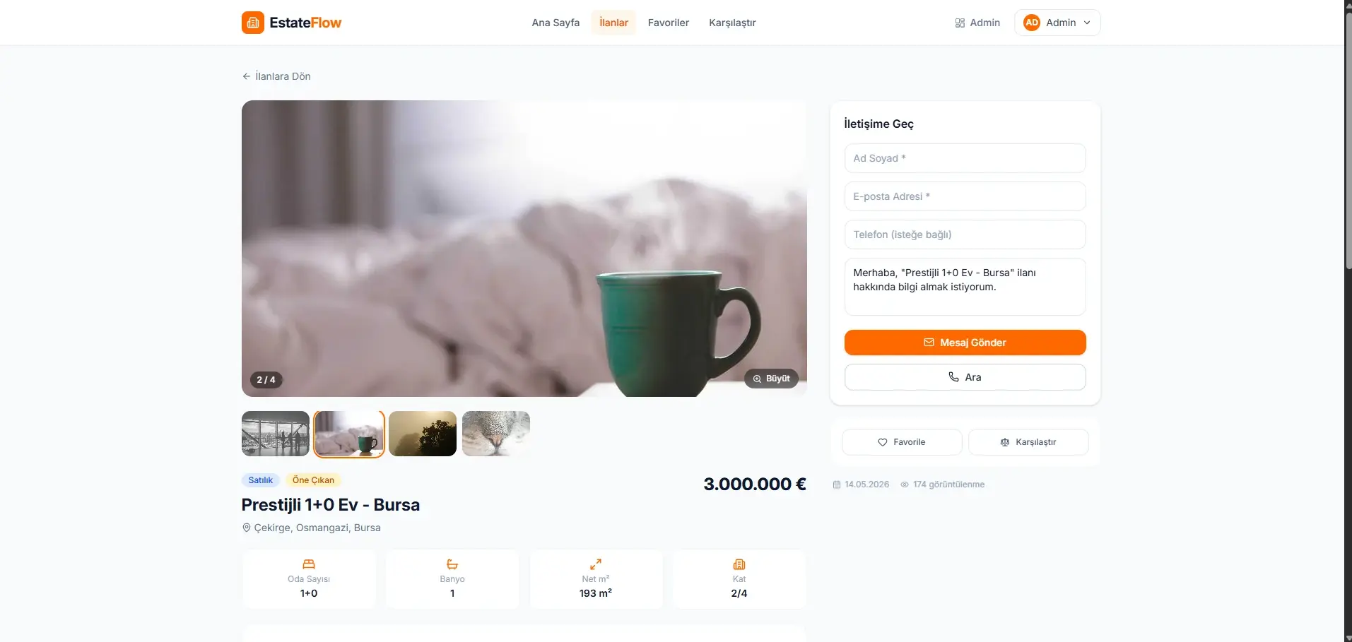 An EstateFlow listing detail page: an image gallery with a counter and enlarge button, thumbnails, price and property attributes, alongside a contact form and favourite and comparison buttons.