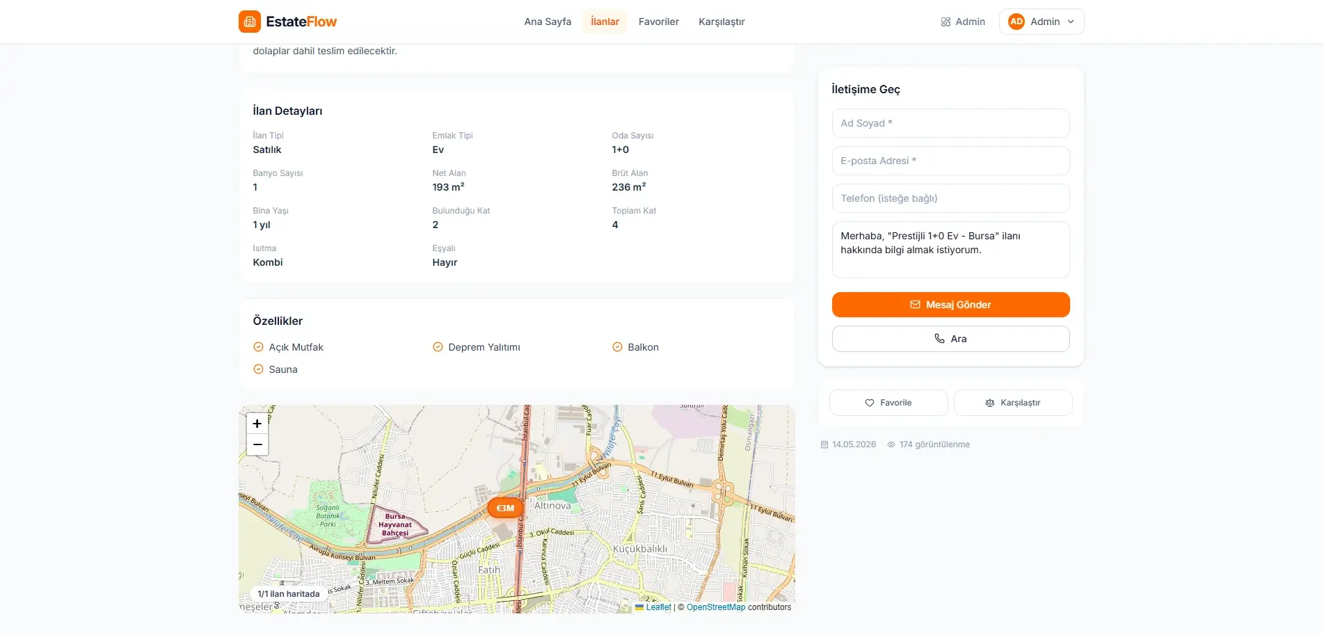 The lower part of an EstateFlow listing detail page: a table of attributes such as listing type, floor area, building age and heating, a features list, and a Leaflet map carrying a price marker.